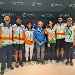 Our coach Pradeep Kumar and swimmer Tanish with Team India at the World Aquatics in Doha. Having our coaches and athletes selected for such prestigious events is a testament to our program's quality.