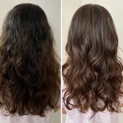 The power of a before and after. On the left, you see hair that was a bit frizzy and lacked dimension. On the right, after a professional color and treatment service, the result is smooth, defined waves with beautiful, subtle highlights that look completely refreshed.