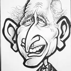 This is a black-and-white caricature of Prince Charles, created when he was diagnosed with Covid-19. The style emphasizes his distinct facial structure.