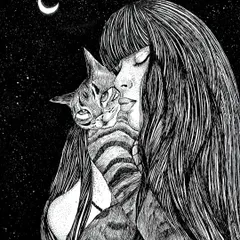 A finished pen and ink drawing of a woman embracing her cat under a crescent moon. The intricate line work, known as stippling and cross-hatching, creates depth and texture in this detailed pet portrait.