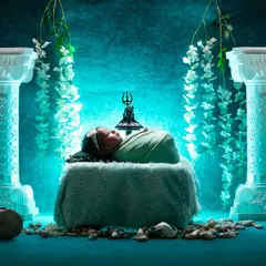 The same divine Maha Shivratri scene, captured with dramatic, low-key lighting. The ethereal blue glow highlights the sleeping baby and the sacred props, adding a layer of mystery and magic.
