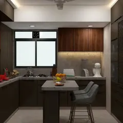 A 3D design proposal for a modular kitchen with rich, dark wood tones. This visualization includes a small breakfast island and shows the planned layout for cabinets and appliances.