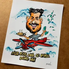 "Mere pass maa or paisa dono hai!" A fun take on a classic Bollywood dialogue for a client who's flying high in life. These personalized themes are what make caricatures so special.