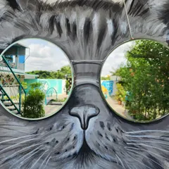 We love making art you can interact with. For this project, we painted a cool cat mural and integrated two circular mirrors as reflective sunglasses, creating a functional and playful piece for a commercial space.