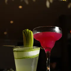 A close-up of two of our signature cocktails from Botanica. We take pride in crafting drinks that are as beautiful as they are delicious, using fresh ingredients and creative garnishes.