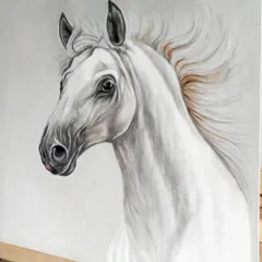 A realistic acrylic painting of a white horse on a 2x2 ft canvas. I focused on capturing the gentle expression in its eyes and the soft flow of its mane, making it a timeless piece for any interior.