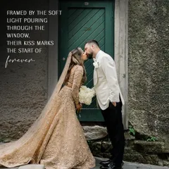 A kiss to mark the start of forever. The bride wears her custom-designed golden-hued gown, a masterpiece created through our virtual shopping and styling service.