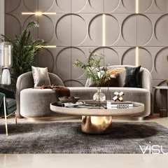 A close-up render focusing on the textures and details of the living room furniture and decor. Notice the soft fabric of the sofa, the polished metal base of the coffee table, and the realistic plant life.