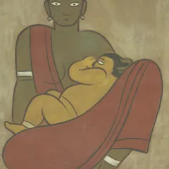 Jamini Roy's 'Mother & Child' is an iconic piece of Indian modernism. This Tempera on card, from my auction archives, captures the eternal bond with the artist's signature style, drawing from the folk traditions of Bengal and the Kalighat school to create something universally moving.