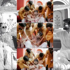 A fun and chaotic moment from the groom's Haldi, as his friends and family playfully apply turmeric, captured in timeless black and white.