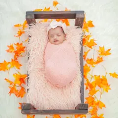 To add a creative touch, I can incorporate simple elements like these autumn leaves. This adds a pop of color and texture while the baby remains the star of the portrait.
