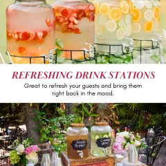 Refreshing drink stations are a must for any outdoor wedding. I set up beautiful stations with a variety of infused waters and juices to keep guests cool and happy.