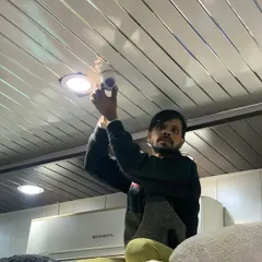 A clean indoor installation on a PVC panel ceiling. We work carefully to make sure the wiring is hidden and the finish is neat.