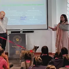 Here I am, arm in a sling and all, conducting a compassion workshop at Lawrence High School. An accident couldn't stop me from sharing my passion. It's so important to teach children how to safely and respectfully interact with community animals, and my own Indie, Miney, is the perfect co-teacher.
