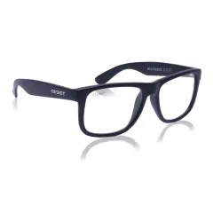 A clean product shot of black wayfarer-style eyeglasses on a white background with a subtle reflection, emphasizing the frame's shape and branding.