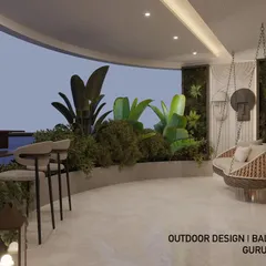 This shot captures the different zones of the curved balcony, from the bar-height seating at the railing to the inviting swing chair. The design maximizes the usable space while maintaining a green and open feel.