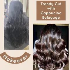 This is our popular cappuccino balayage, paired with a trendy new haircut. We created rich, warm tones that blend perfectly with the client's natural base color, and finished with soft waves to show off the dimension and shine.