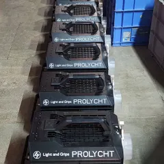 A lineup of Prolycht Orion 675 FS lights prepped for a shoot. These powerful, full-spectrum LED fixtures have an IP rating for weather resistance and an output that rivals a 1.2k HMI.