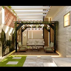 This 3D visualization shows a beautiful outdoor seating area under a pergola, complete with comfortable sofas and surrounded by lush greenery. It's a perfect example of how I design serene outdoor living spaces.
