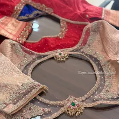 A collection of blouses showcasing various back cutout designs. The one in the foreground features a sheer net panel with a circular cutout and jewellery-style motifs.