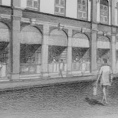 A close-up of the Sicka Nagar drawing, showing the human figures and storefronts that bring the street scene to life.