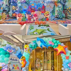 For a truly immersive experience, I can transform an entire room. This Baby Shark theme features a complete underwater world with themed flooring, wall-to-wall backdrops, and character props that make kids feel like they're part of the show.
