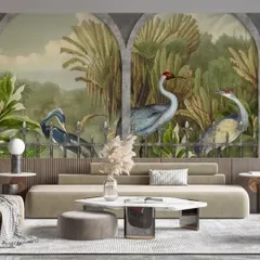 This wallpaper features a beautiful mural of cranes in a lush, tropical setting, framed by architectural arches. The design adds a layer of elegance and depth, creating a sophisticated and artistic focal point.