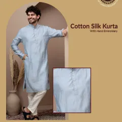 This graphic highlights my hand-embroidered cotton silk kurta in a serene blue. It's a piece that combines the comfort of cotton with the quiet luxury of silk, perfect for any festive occasion.