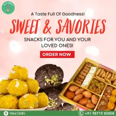 A graphic showcasing a taste full of goodness with a variety of my sweets and savories, including Boondi Laddoos and a snack platter.