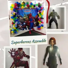 To make the superhero theme interactive, I included life-sized cutouts of Iron Man, Black Widow, and the Hulk. A costumed Spider-Man character was also present to surprise the kids and pose for photos against the Avengers backdrop.