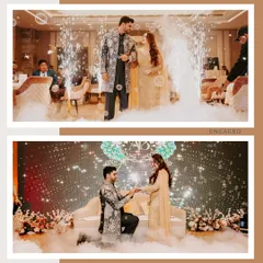 A story in two parts: the couple's grand entrance surrounded by bubbles and pyrotechnics, and the heartfelt moment the groom gets on one knee to propose.