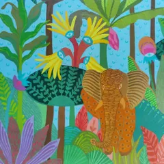 This custom painting captures the magic of a dense, tropical jungle. An elephant peeks through colorful foliage under a bright blue sky, with imaginative flowers and trees creating a whimsical scene.