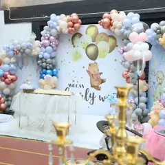 A stunning backdrop for a teddy bear theme, showing how I can customize the space for any creative idea. The balloon arrangements and cake table are set up for a perfect photo opportunity.