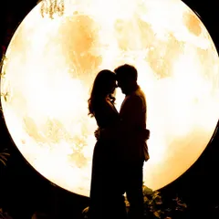 A classic silhouette of a couple embracing in front of a large, warm-toned moon prop, creating an iconic and romantic image.