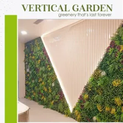 This office corridor was transformed with a diagonally cut vertical garden, complemented by elegant white paneling and backlighting. It's a great example of how to make a corporate space feel fresh and modern.