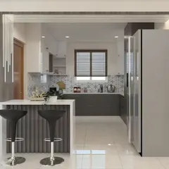 This design features a pass-through window and breakfast bar, creating a stylish connection between the kitchen and the adjoining area. The ribbed detail on the bar adds a touch of modern texture.