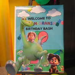 A personalized welcome sign for the birthday bash. This "The Good Dinosaur" themed easel greets guests at the entrance, making the birthday child feel extra special from the moment they arrive.