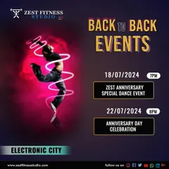 An announcement for our back to back anniversary events at the Electronic City location. We host special dance events and celebrations for our members.