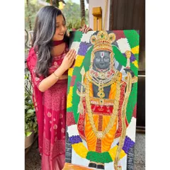 Here I am with my finished Ram Lalla painting, a large 3.5 by 2 feet canvas. Creating this piece was a meditative journey, and I'm so happy with how the vibrant colors and intricate details came together to honor his divine presence in Ayodhya.