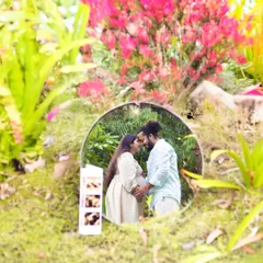 We love finding creative ways to tell your story. This artistic reflection shot, taken during an outdoor pregnancy photoshoot, frames the couple's love within the beauty of nature, with their sonogram pictures adding a personal touch.