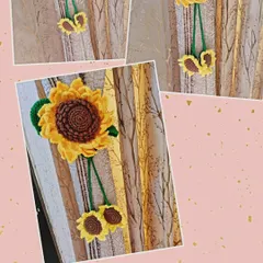 A closer look at the sunflower curtain tie-backs. The design features one large sunflower and two smaller ones, all made with durable and bright cotton yarn.