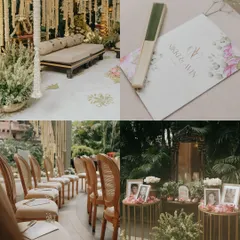 A collage of ceremony details, from the seating arrangement and personalized fans to the floral decor and a memory table with family photos.