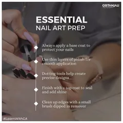 Perfect nail art starts with perfect prep. We teach the essential steps, from applying a protective base coat to using the right tools for precise designs and finishing with a sealant top coat.