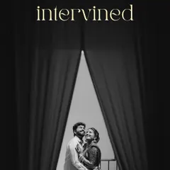 "Intertwined." A dramatic black and white portrait of a couple framed by curtains, creating a theatrical and cinematic feel.