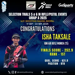 Isha Taksale delivered a stellar performance to claim first place at the Selection Trials in Bhopal. After qualifying 8th, she showed incredible focus to win the 10m Air Rifle Women (T5) final.