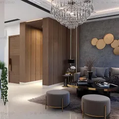 This lounge design features a stunning crystal chandelier and gold metal wall art, creating a glamorous yet comfortable atmosphere. The grey and wood tones provide a perfect backdrop for casual dinner parties.
