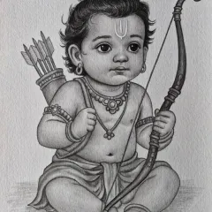 A pencil sketch of Bal Ram, the young prince, with his bow and arrow. I drew him with a calm and innocent expression, focusing on the fine details of his jewelry and the classic form of a divine warrior.