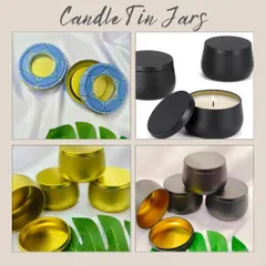 Our candle tin jars are a popular choice for scented candles. This collage shows our range, including plain black, gold, and silver tins, as well as beautifully printed designs.
