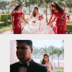 A collage showing the bride's grand entrance, assisted by her bridesmaids, and the groom's emotional first look. These are the moments that make a wedding day unforgettable.