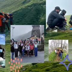 A collage showing the different moments of a trip: celebrating at a temple, taking a break on a trail, and exploring the forest together. Every moment is a memory.